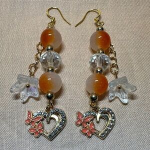 925 Chic Gold and Orange Heart Dangle Earrings